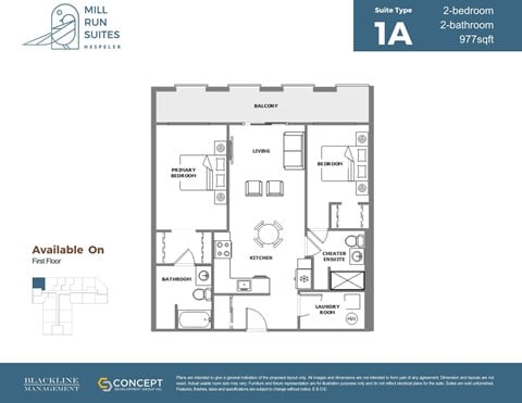 Floor plan for 2 beds, 2 baths, 977 sqft